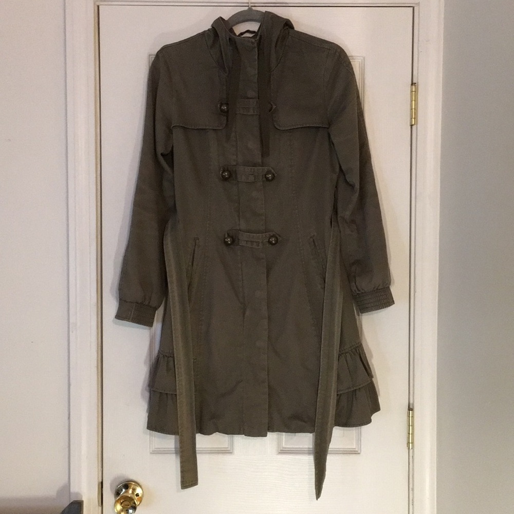 Anthropologie Idra Ruffled Belted Trench Green 6 M